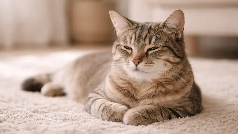 ontspannen kat liggend op vloerkleed in huis